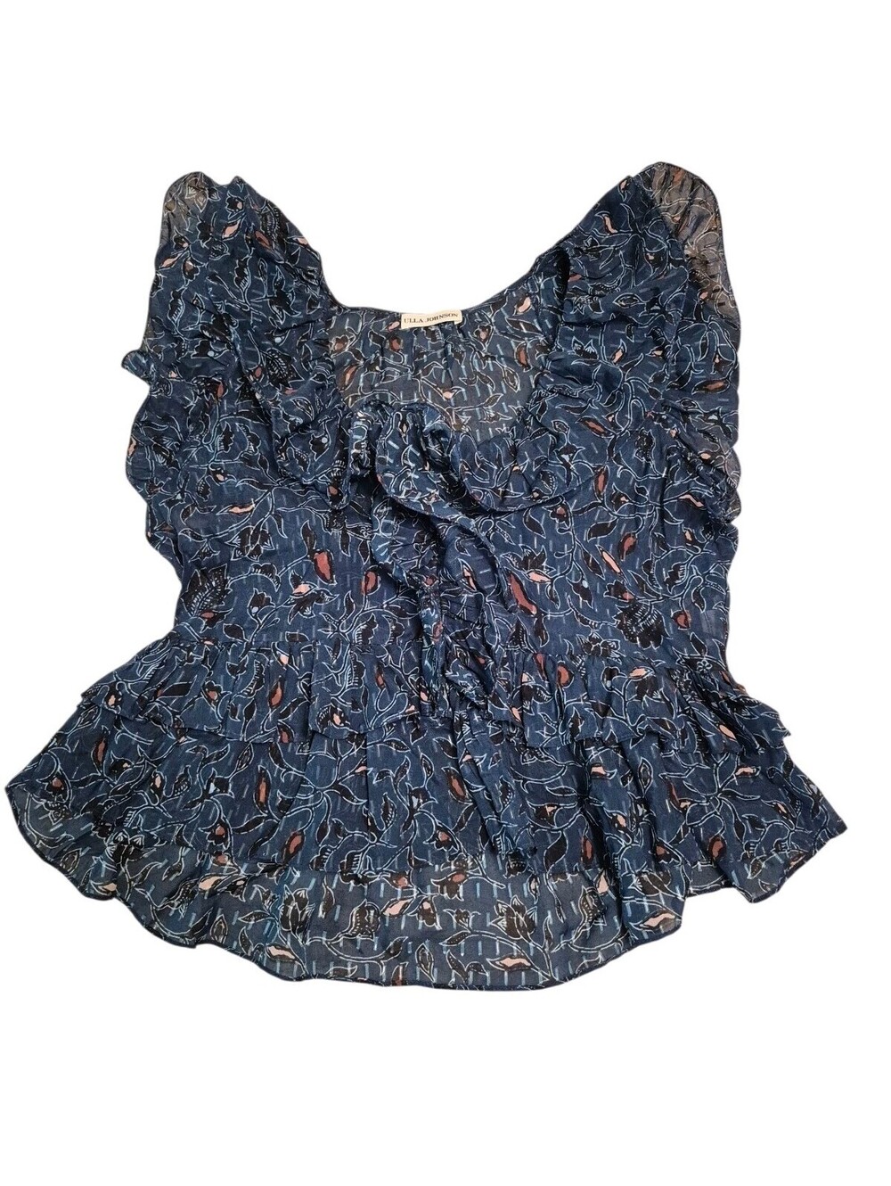 Ulla Johnson Dumi Silk Chiffon Ruffled Blue Floral Boho Top Blouse Size 2